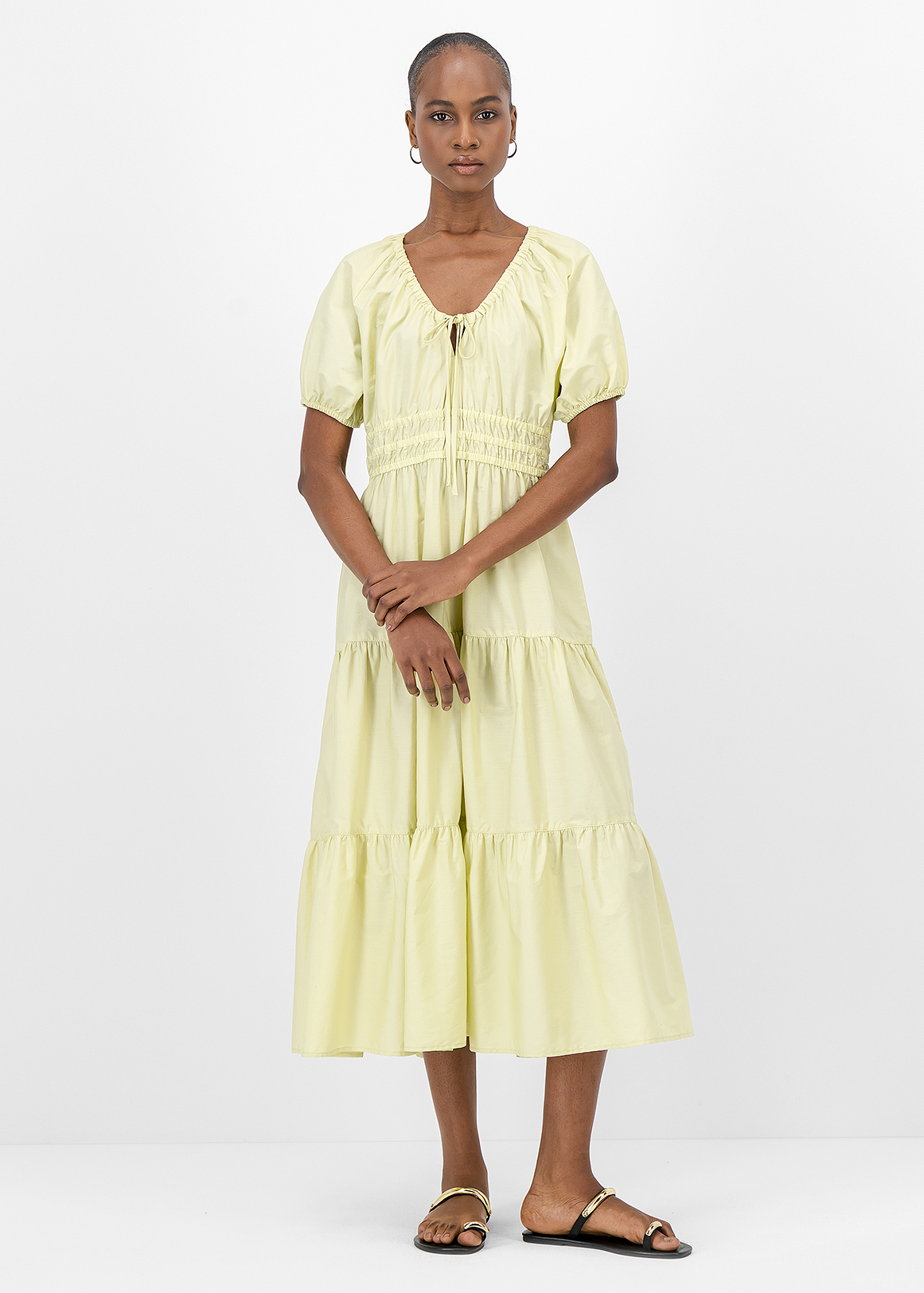 Tiered Tie Neck Puff Sleeve Cotton Midi Dress