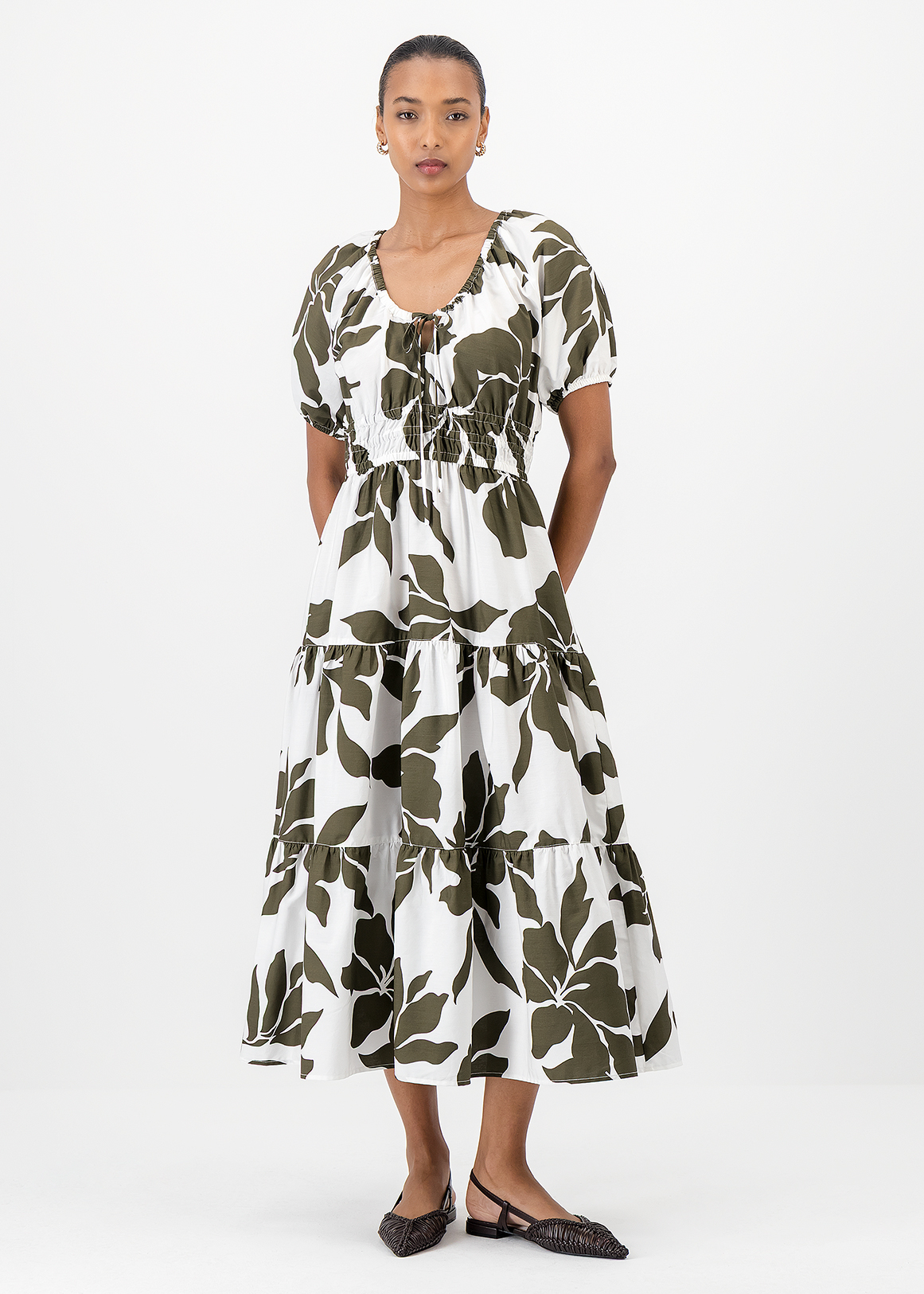 Tiered Tie Neck Puff Sleeve Cotton Midi Dress