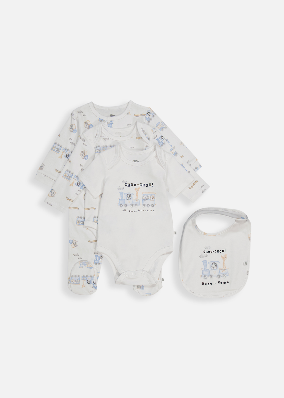 Train Cotton Body Vests, Sleepsuit & Bib Set