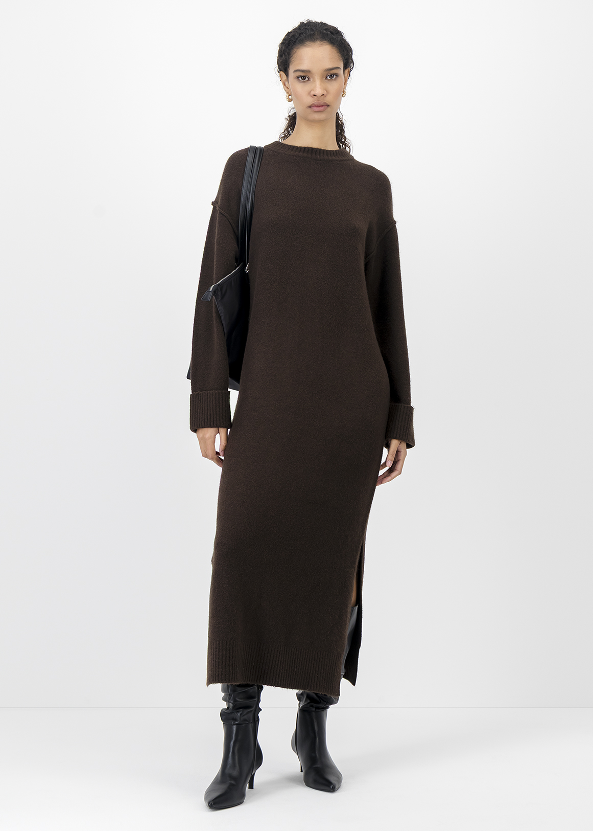 Turn-up Cuff Knit Midi Dress