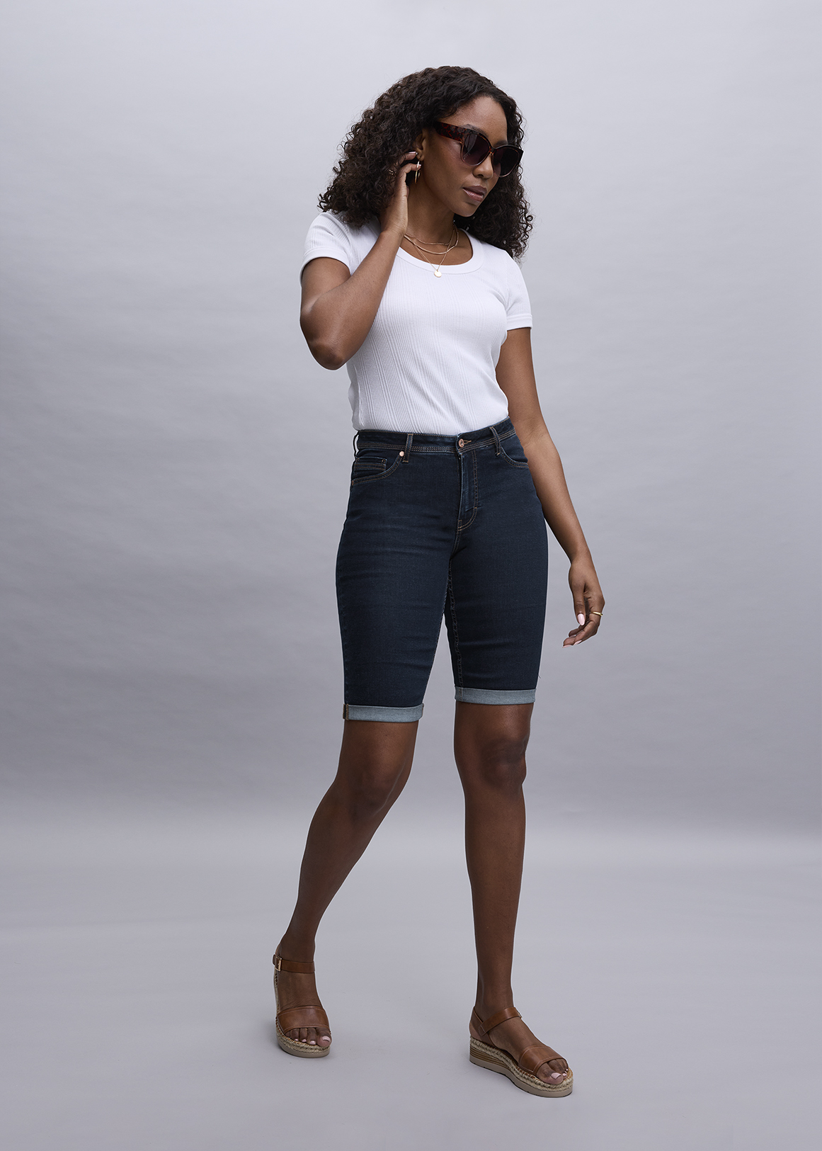 Turn-up Mid Rise Denim Bermuda Shorts