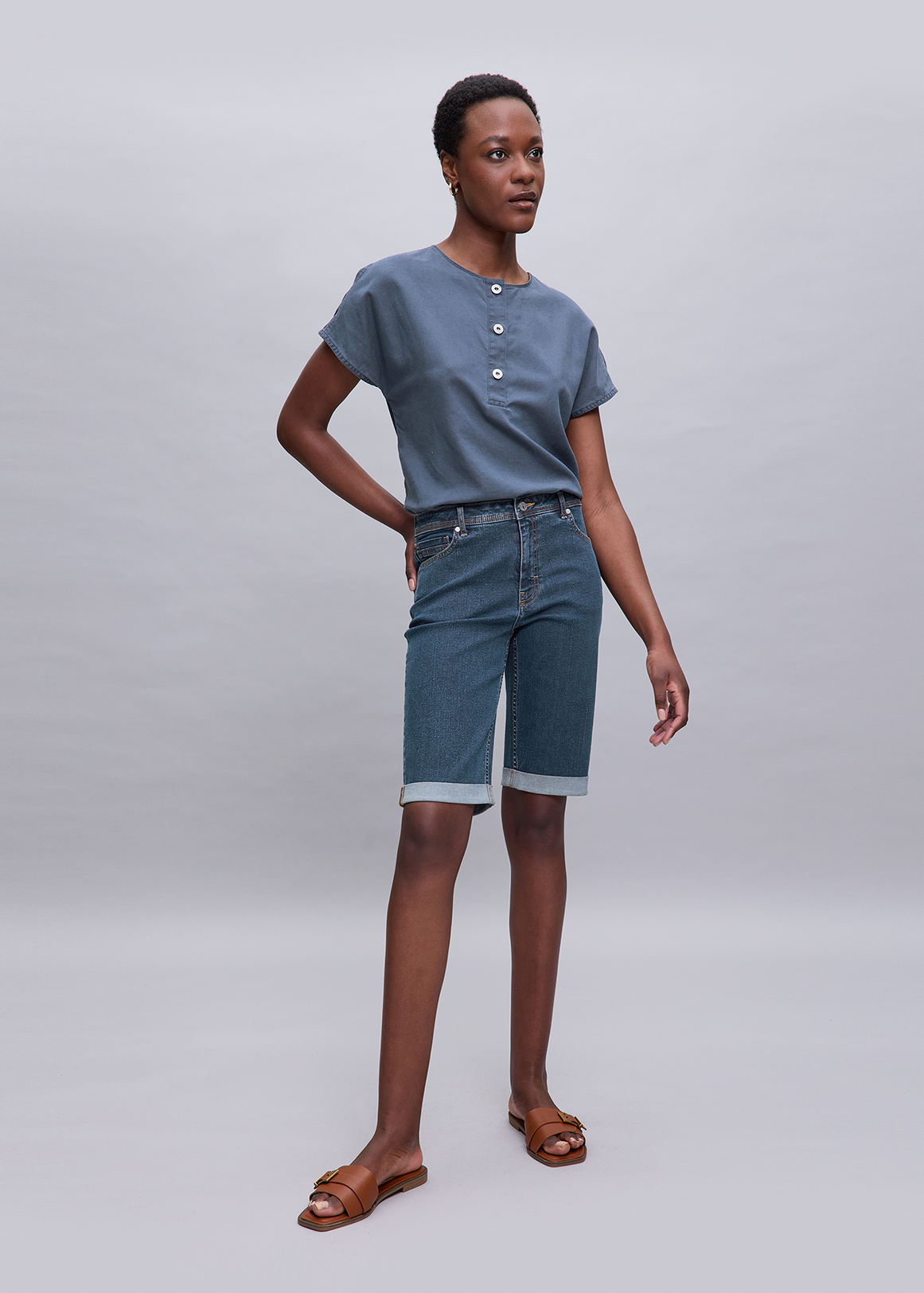 Turn-up Mid Rise Denim Bermuda Shorts
