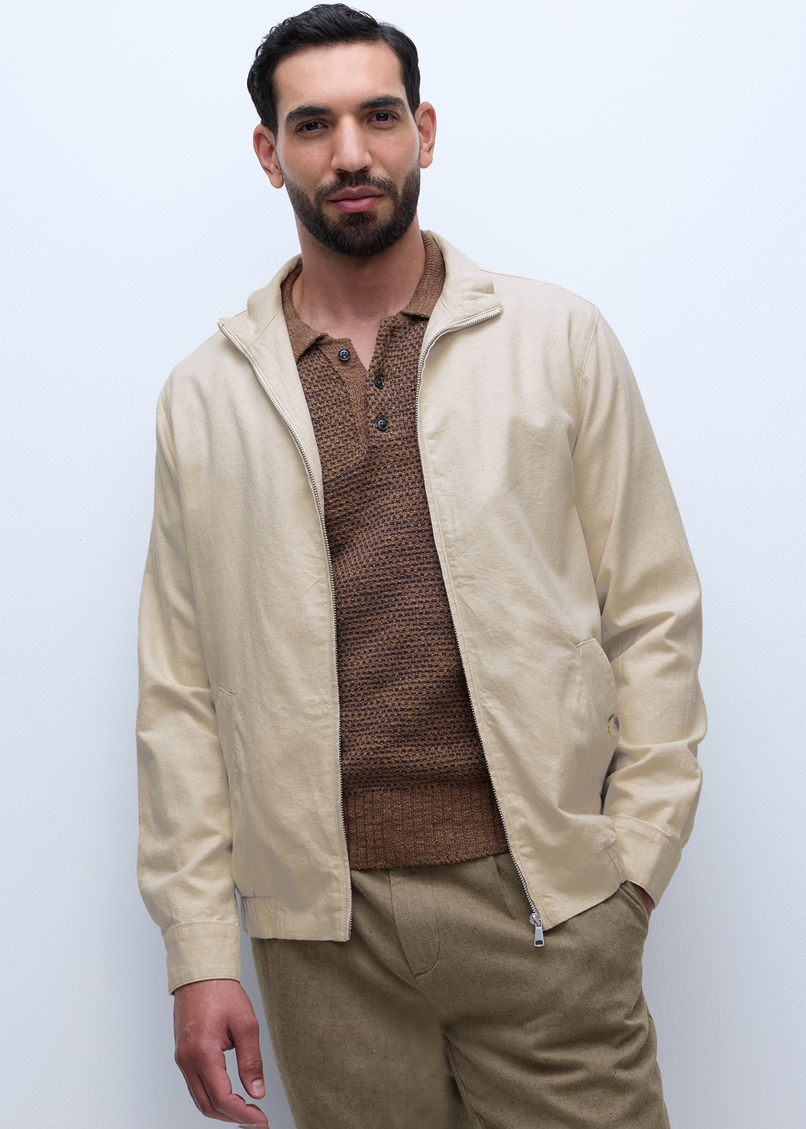 Unstructured Linen Blend Harrington Jacket