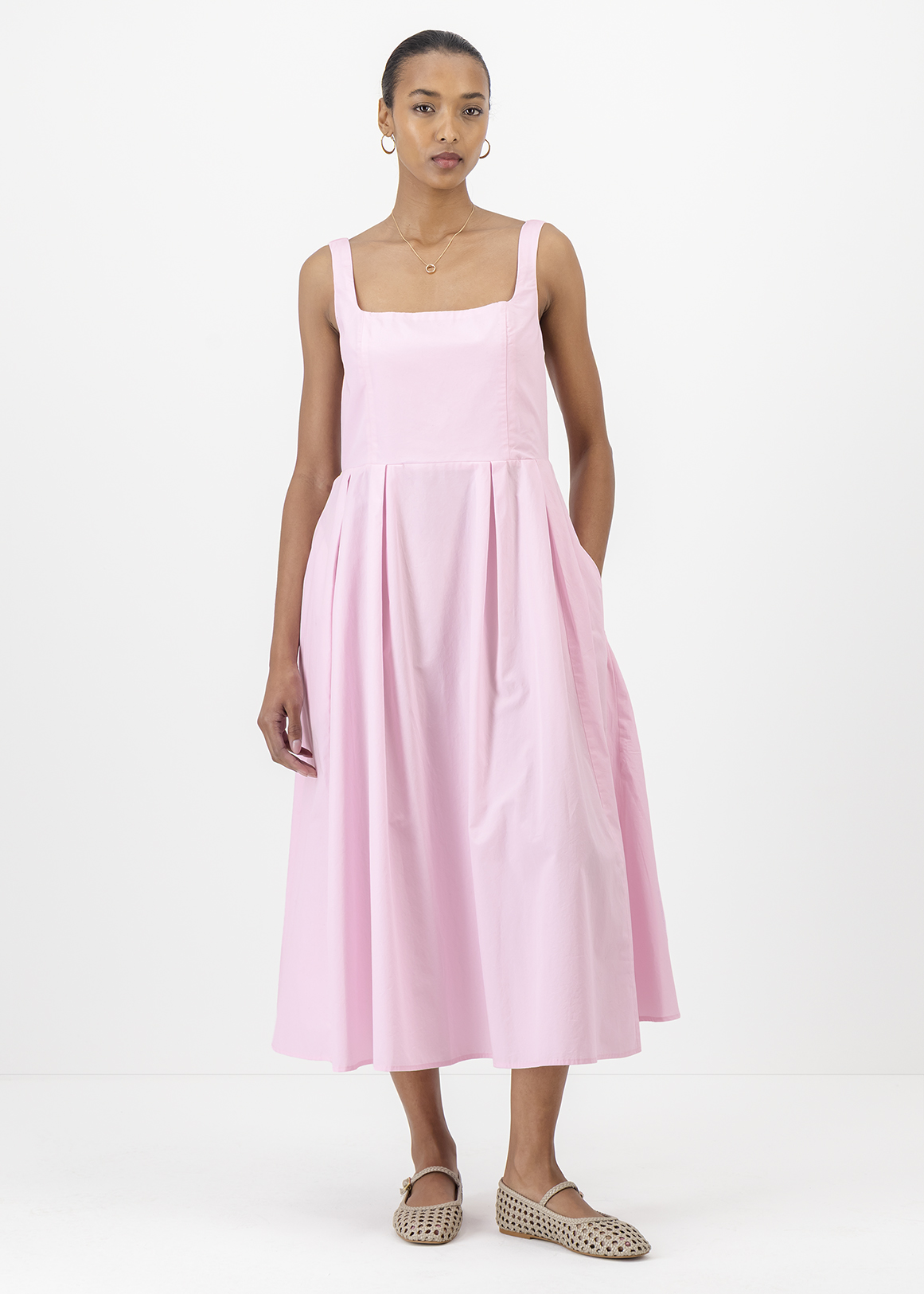 Wide Strap Poplin Midi Dress