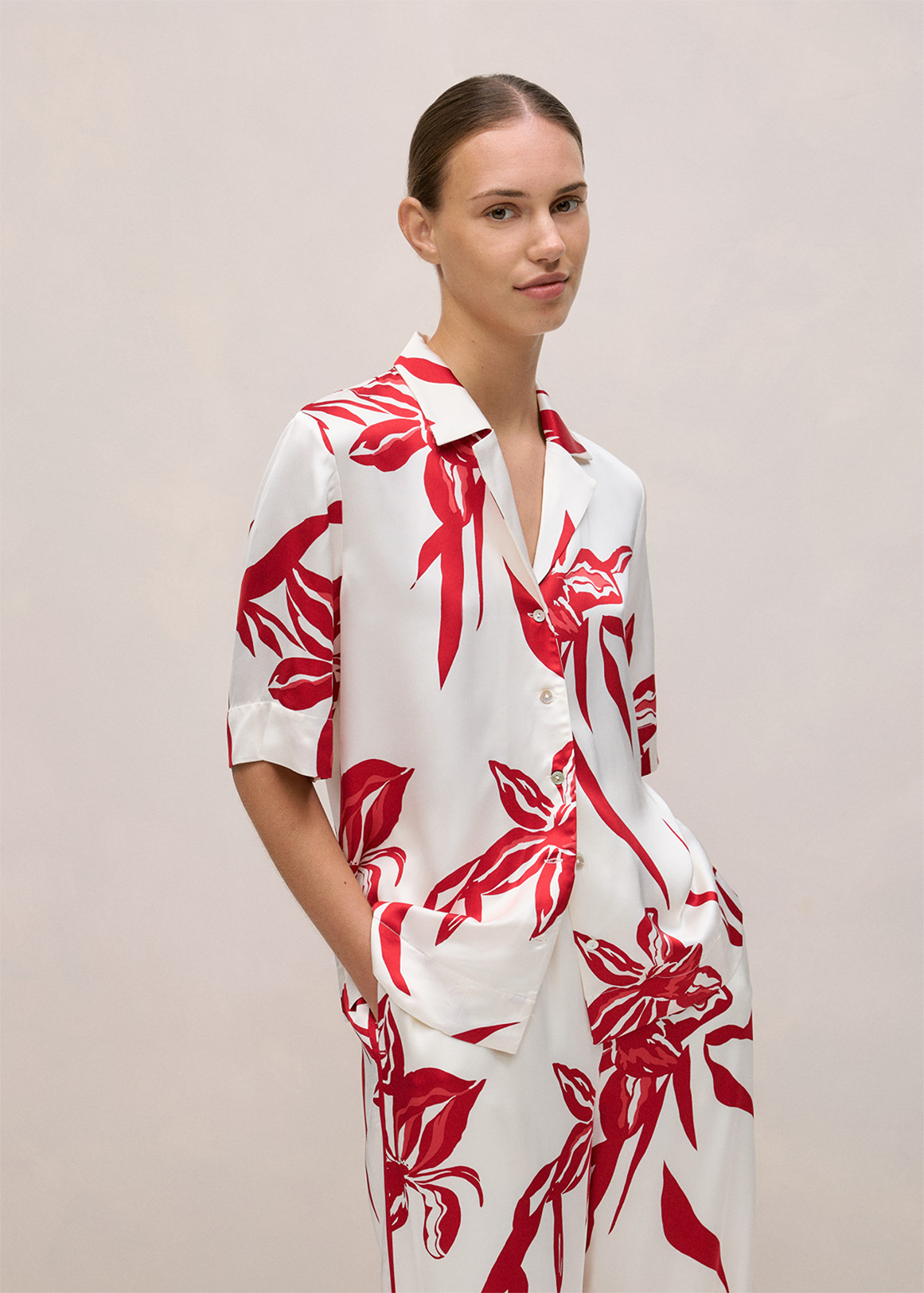 Wild Iris Satin Short Sleeve Shirt