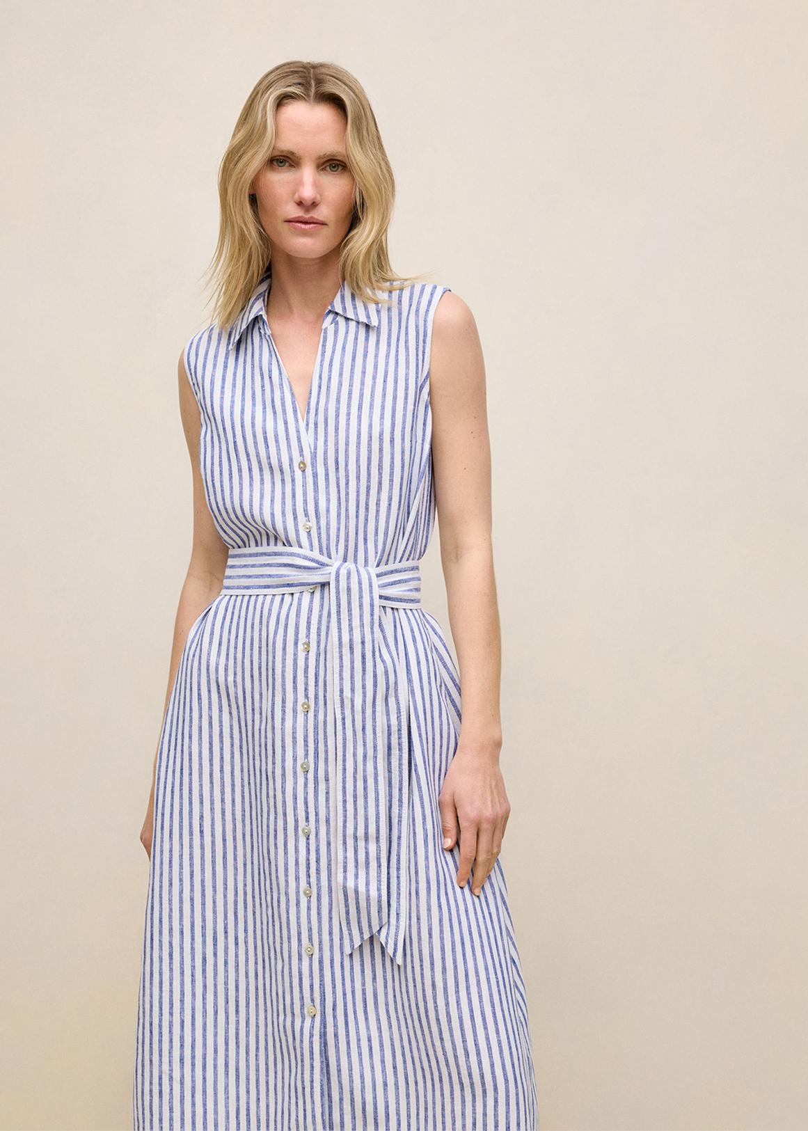 Yarn Dyed Linen Stripe Sleeveless Shirt Dress