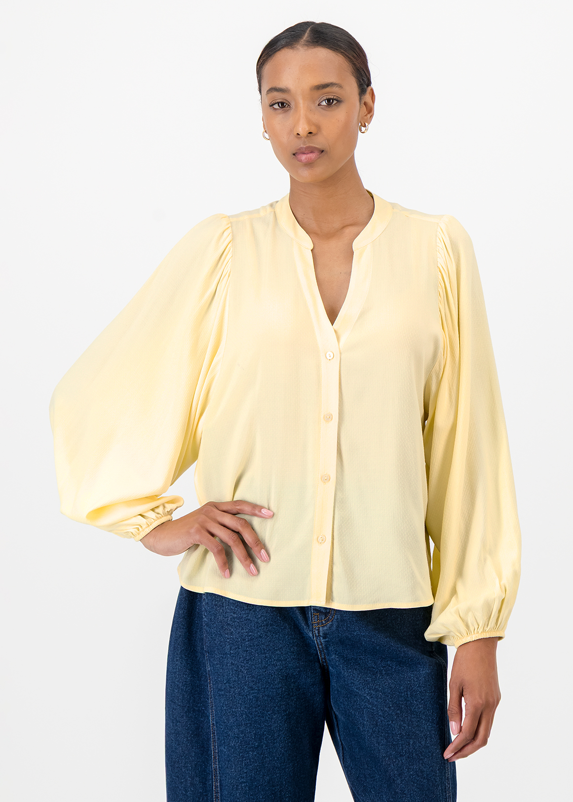 Yellow Balloon Sleeve Split Mandarin Blouse