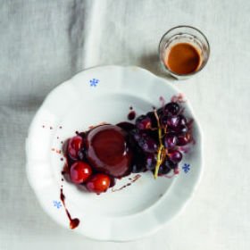 Chocolate pannacotta with verjuice poached prunes