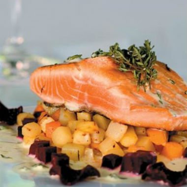 Fresh salmon steak with sour cream and lemon thyme